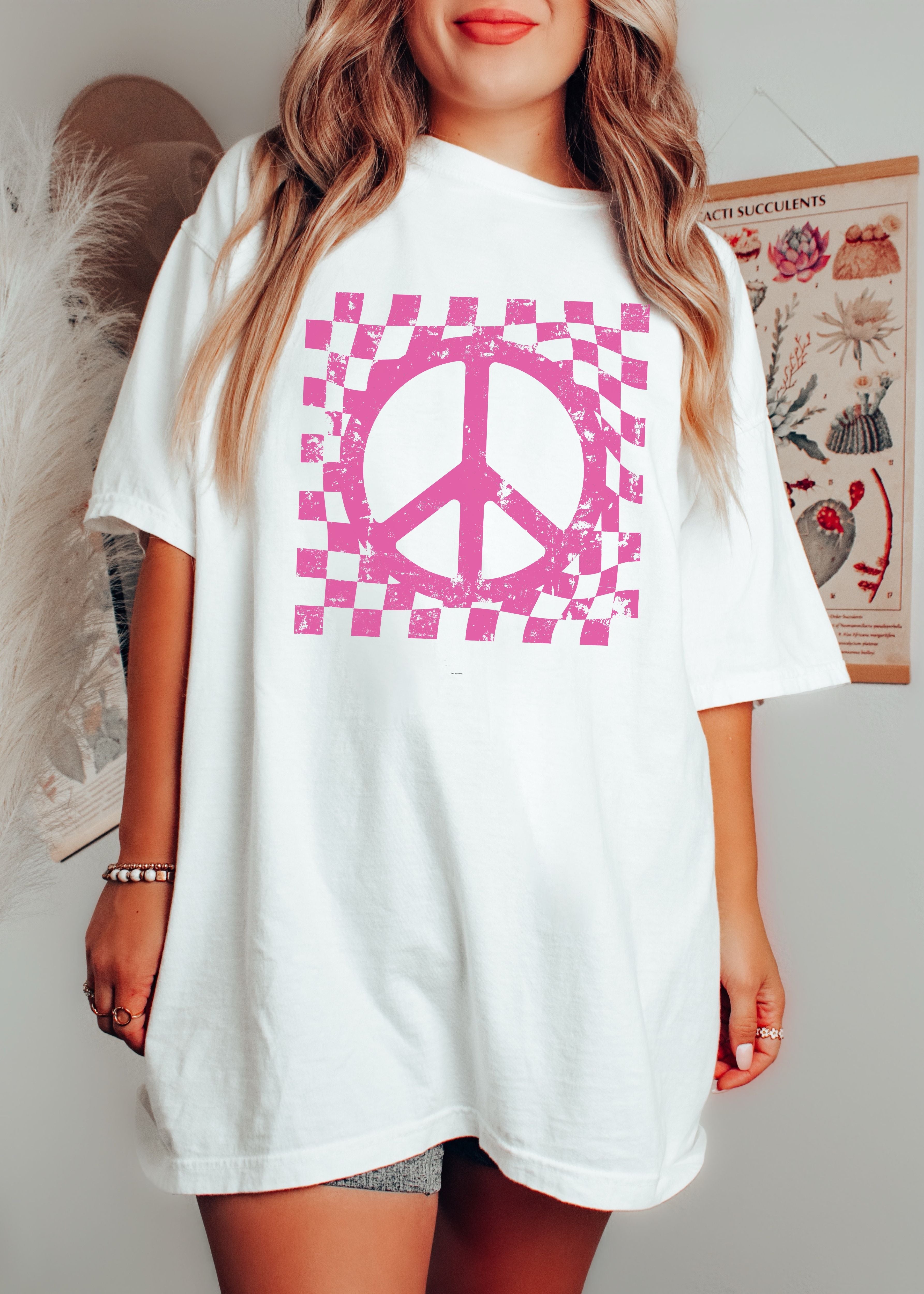 Checkered Peace Sign Tee *12 Colors (S-3X)