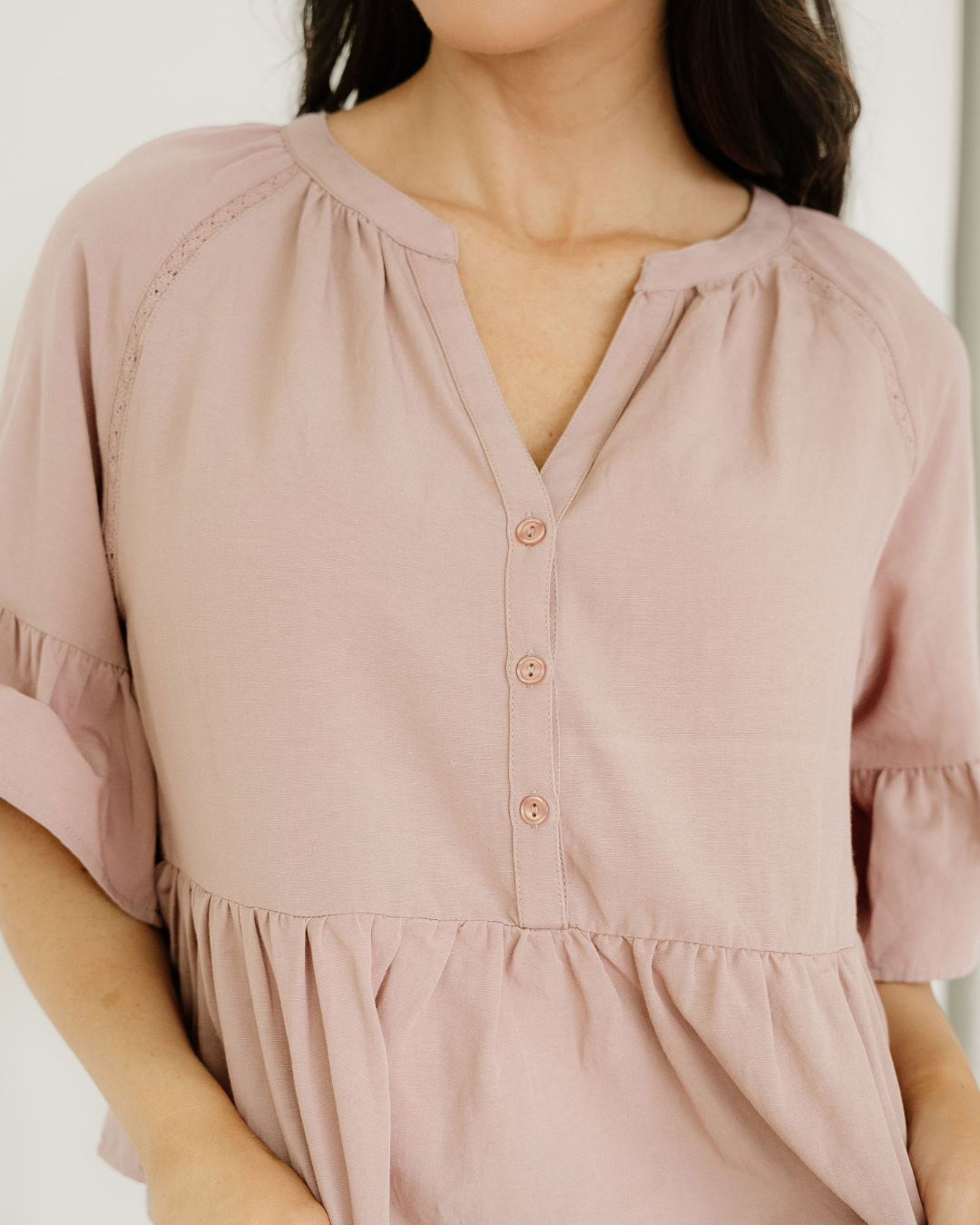 Mae Slit V Neck Ruffled Loose Blouse