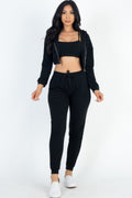 French Terry Cropped Cami With Zip-up Jacket And Joggers Set