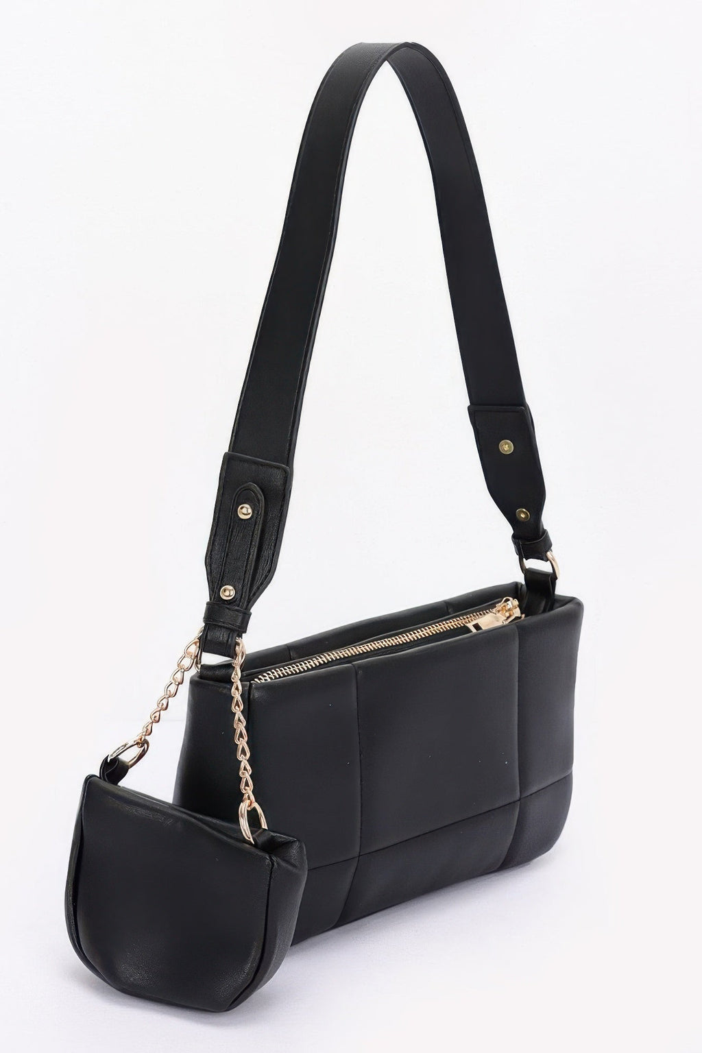Quilted Faux Leather Shoulder Bag W/ Airpod Bag