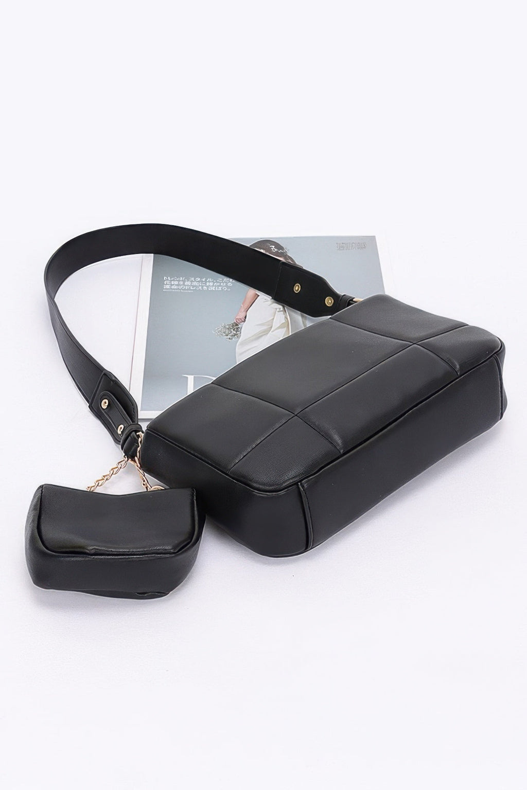 Quilted Faux Leather Shoulder Bag W/ Airpod Bag