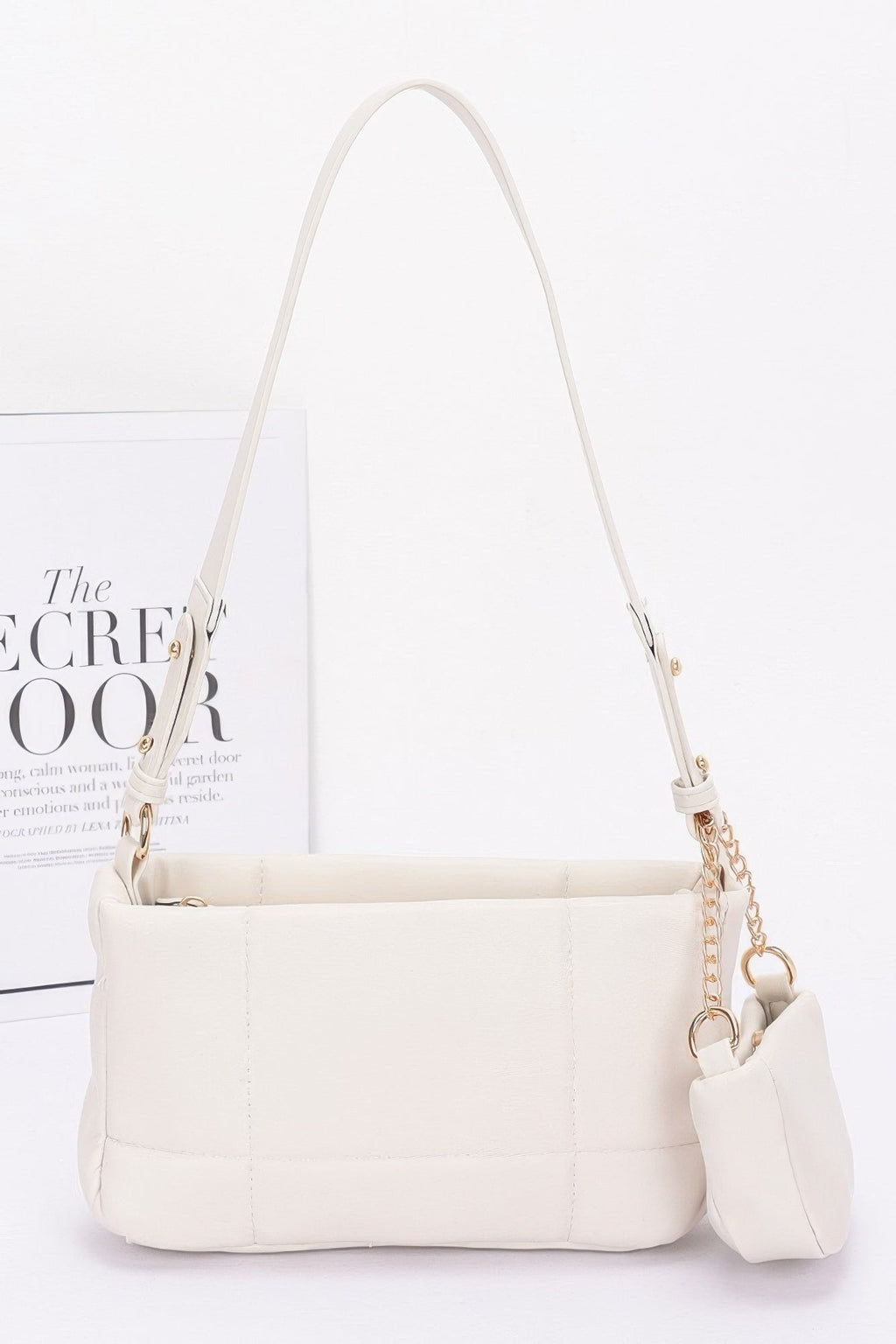Quilted Faux Leather Shoulder Bag W/ Airpod Bag