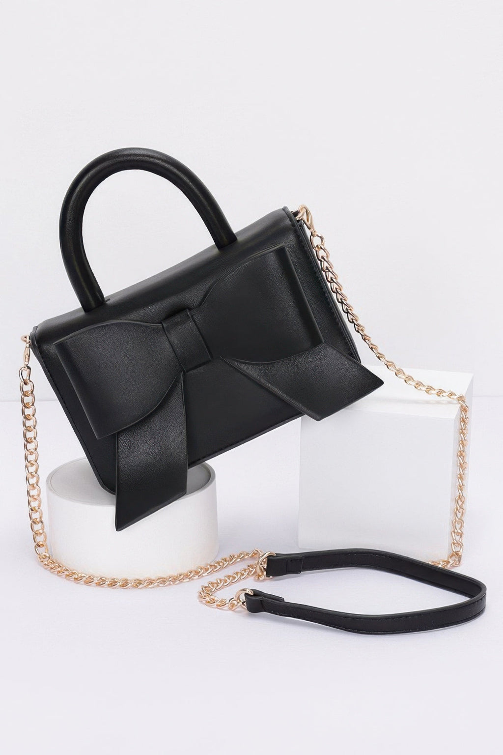 Faux Leather Ribbon Top Handle Bag