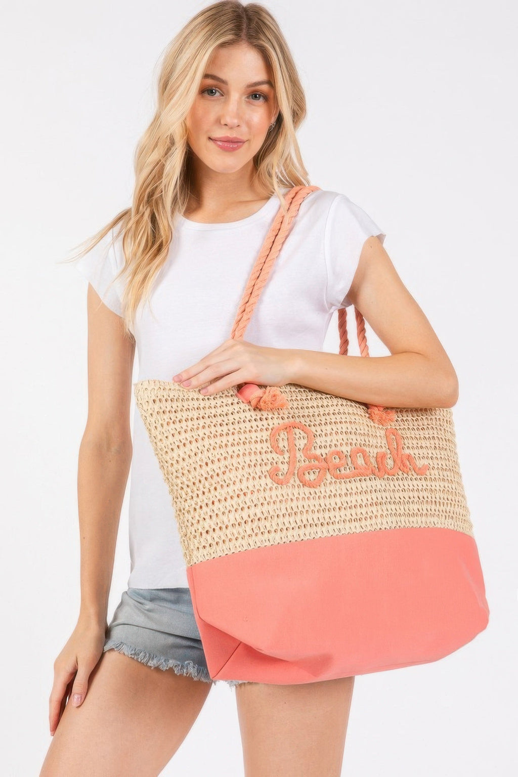 Color Sewn Rope Beach Letter And Strap Crochet Fabric Tote