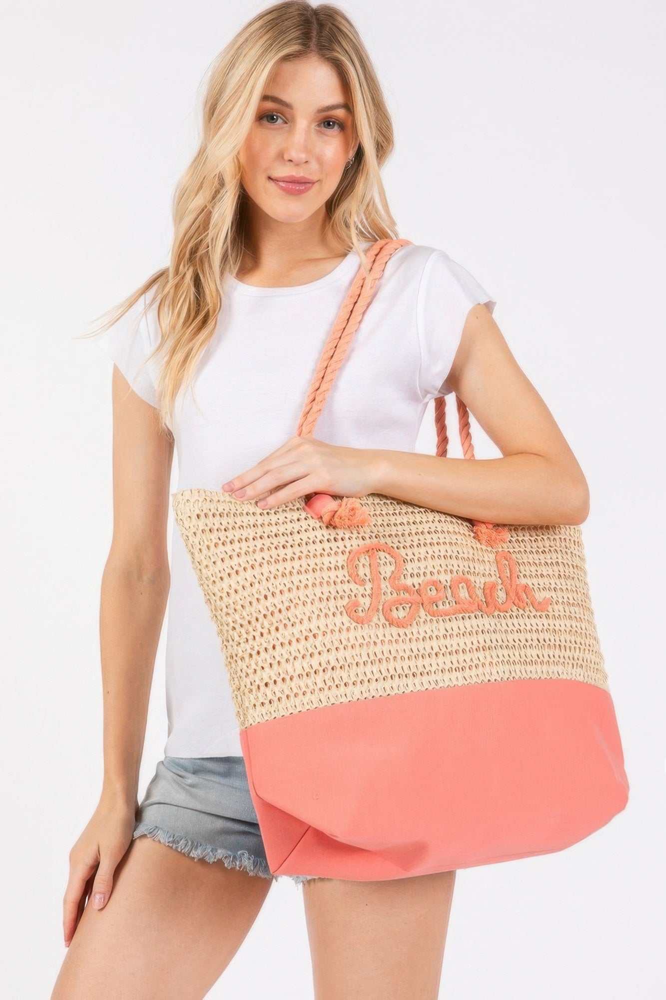 Color Sewn Rope Beach Letter And Strap Crochet Fabric Tote