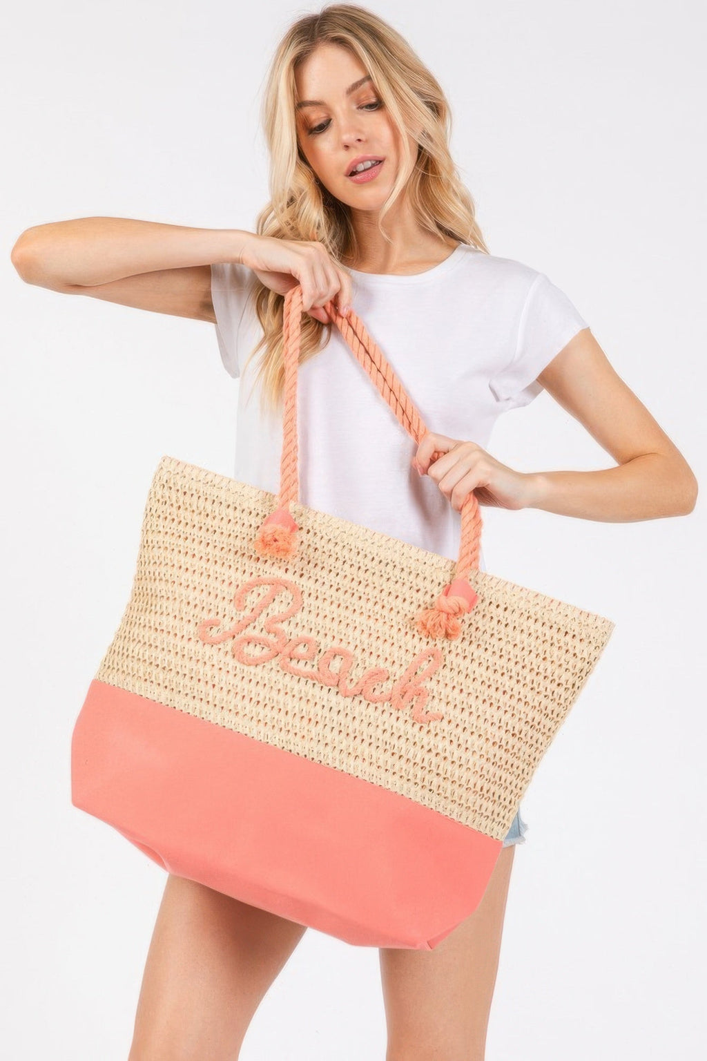 Color Sewn Rope Beach Letter And Strap Crochet Fabric Tote