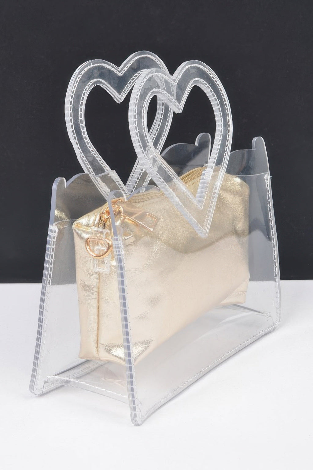 Transparent Heart Shape Handle Clutch W/pouch