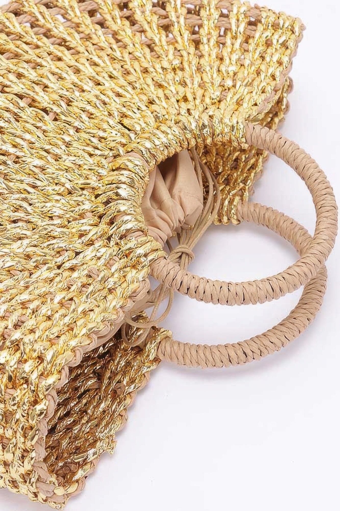 Metallic Faux Straw Tote Bag W Pouch