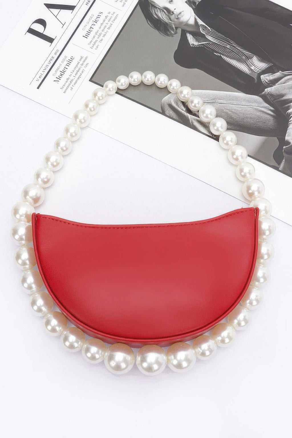 Faux Pearl Handle Half Moon Bag