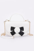 Faux Leather Flower Ribbon Top Handle Flap Bag