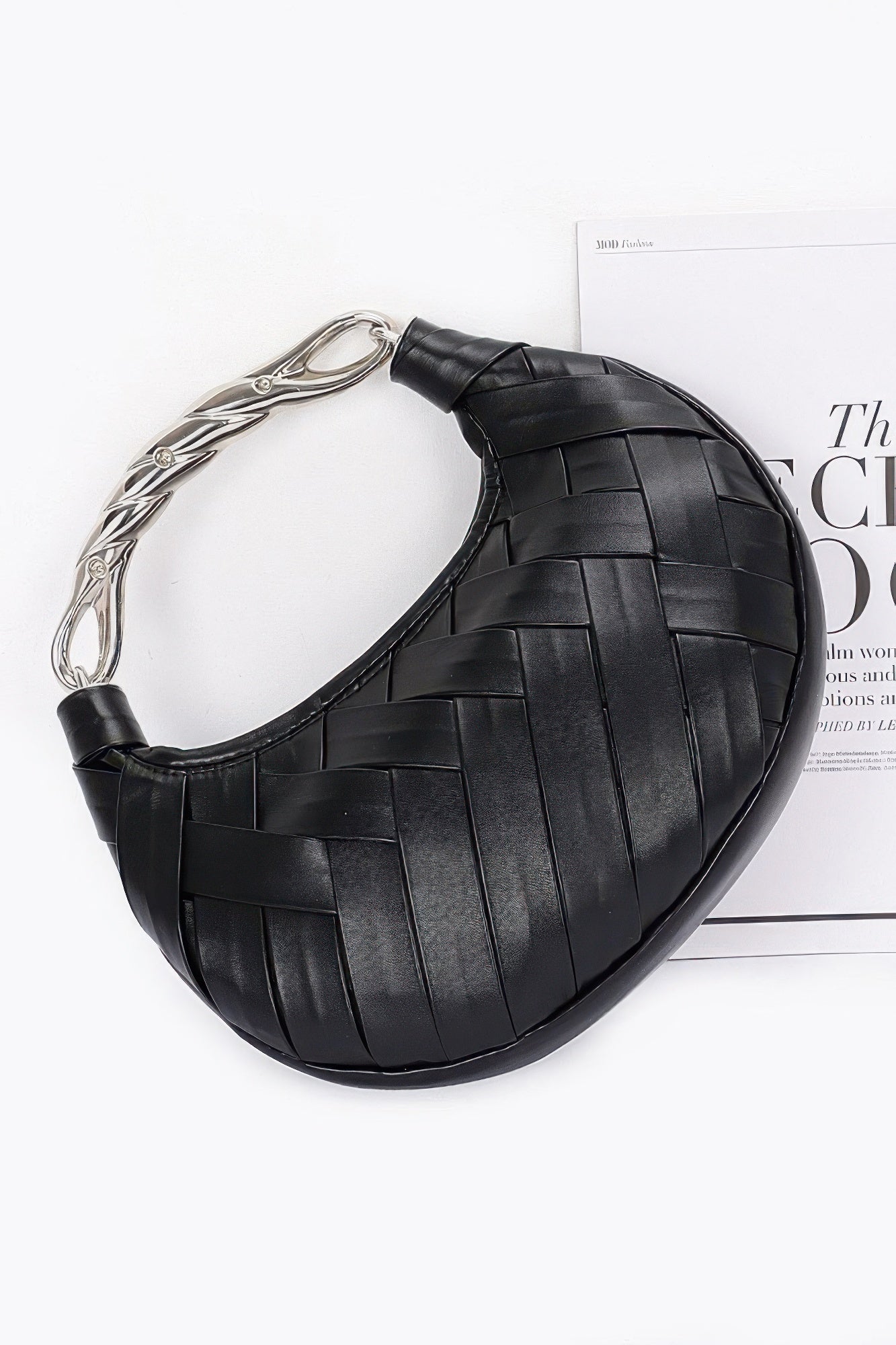 Faux Leather Braided Metal Handle Clutch