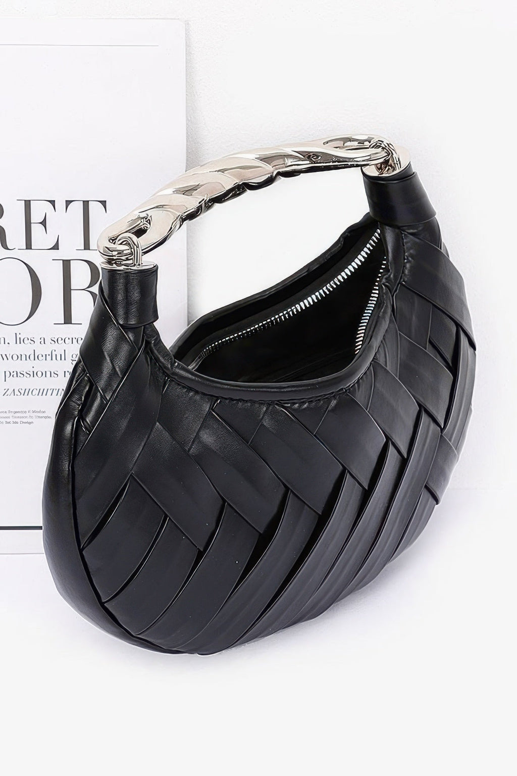 Faux Leather Braided Metal Handle Clutch