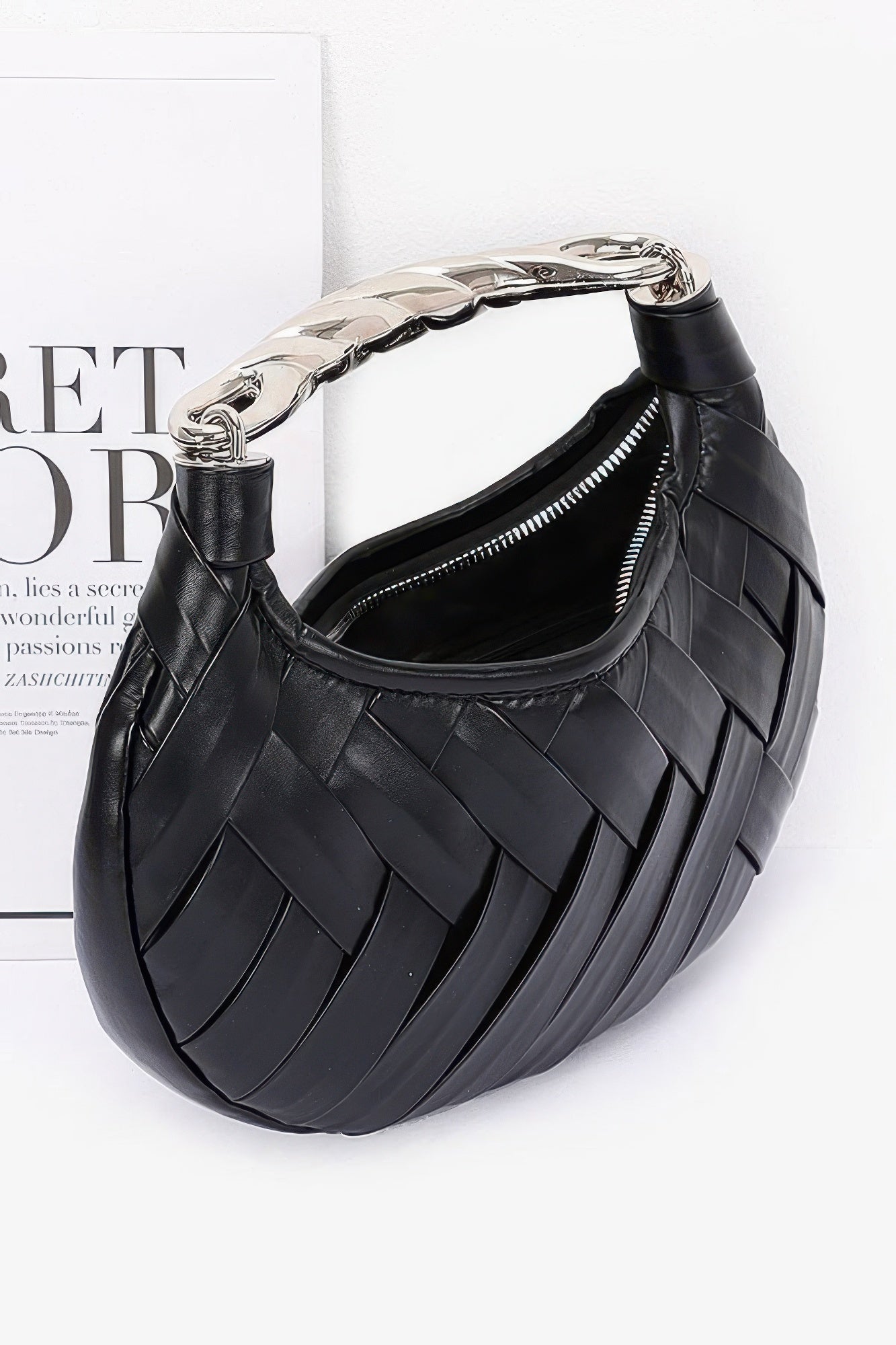 Faux Leather Braided Metal Handle Clutch