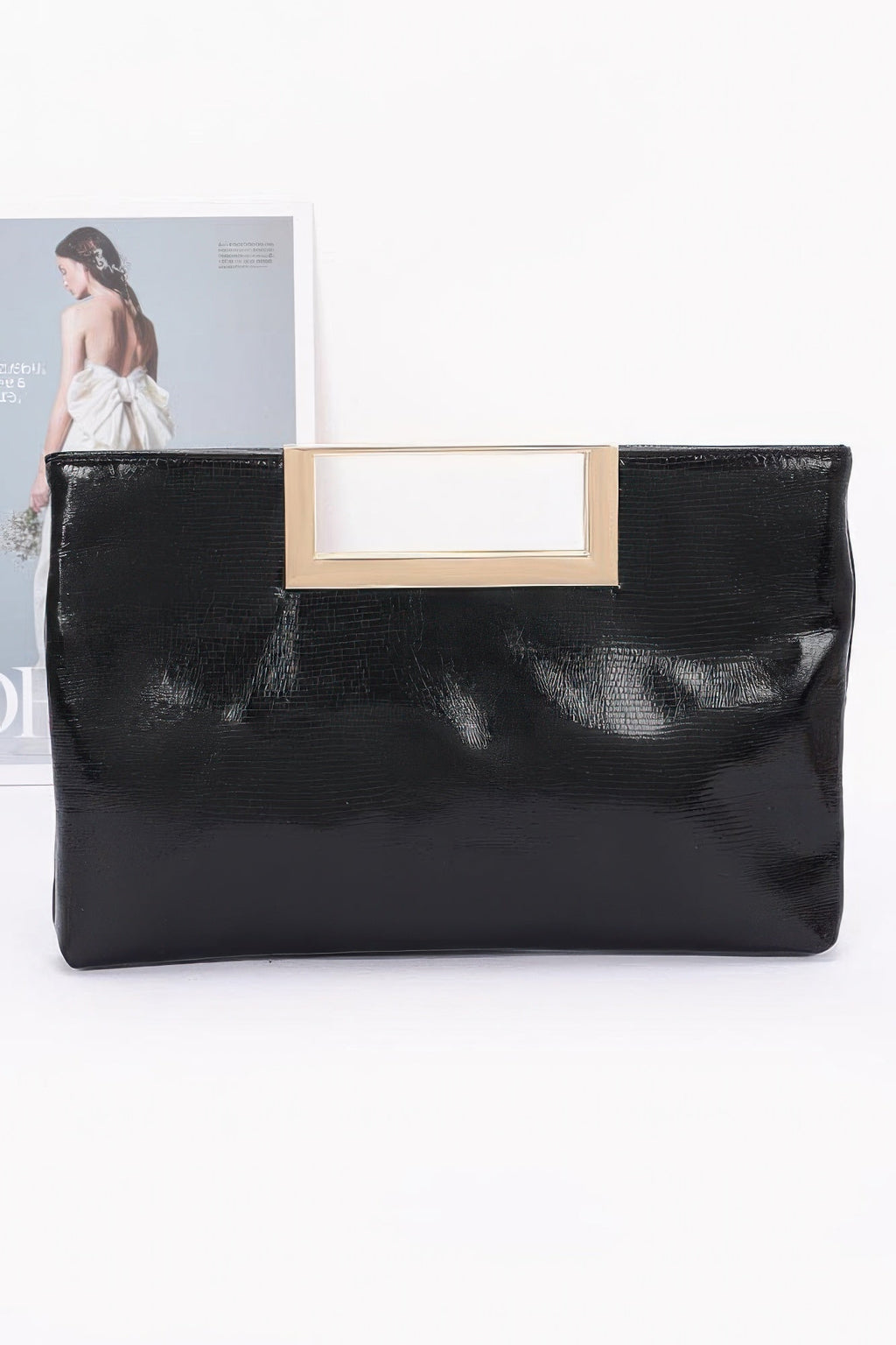 Faux Leather Metal Handle Clutch