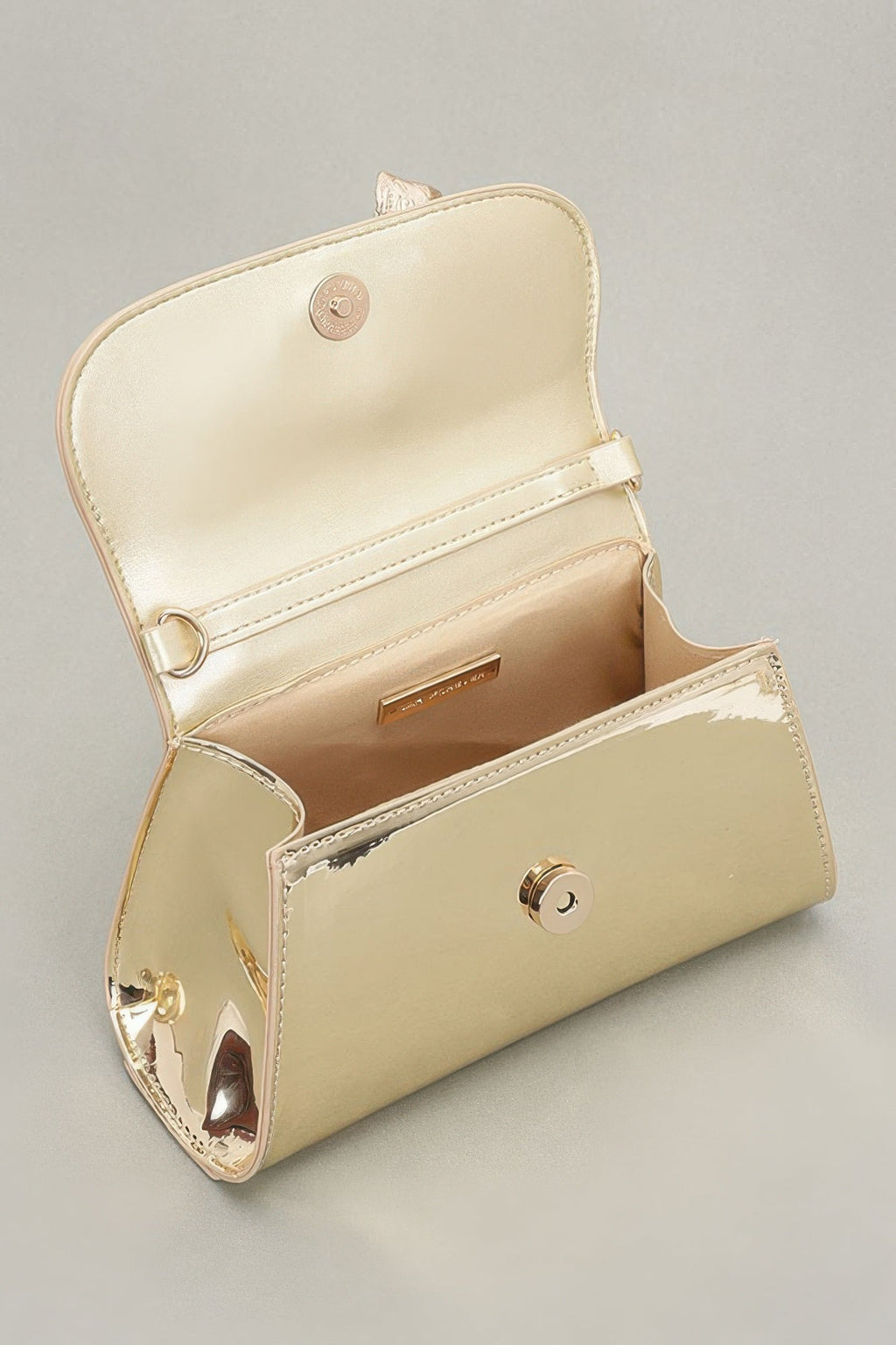 Faux Mirror Leather Ribbon Metal Top Handle Bag