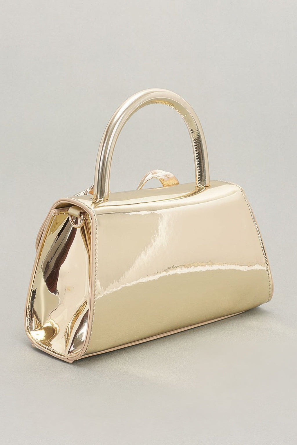 Faux Mirror Leather Ribbon Metal Top Handle Bag