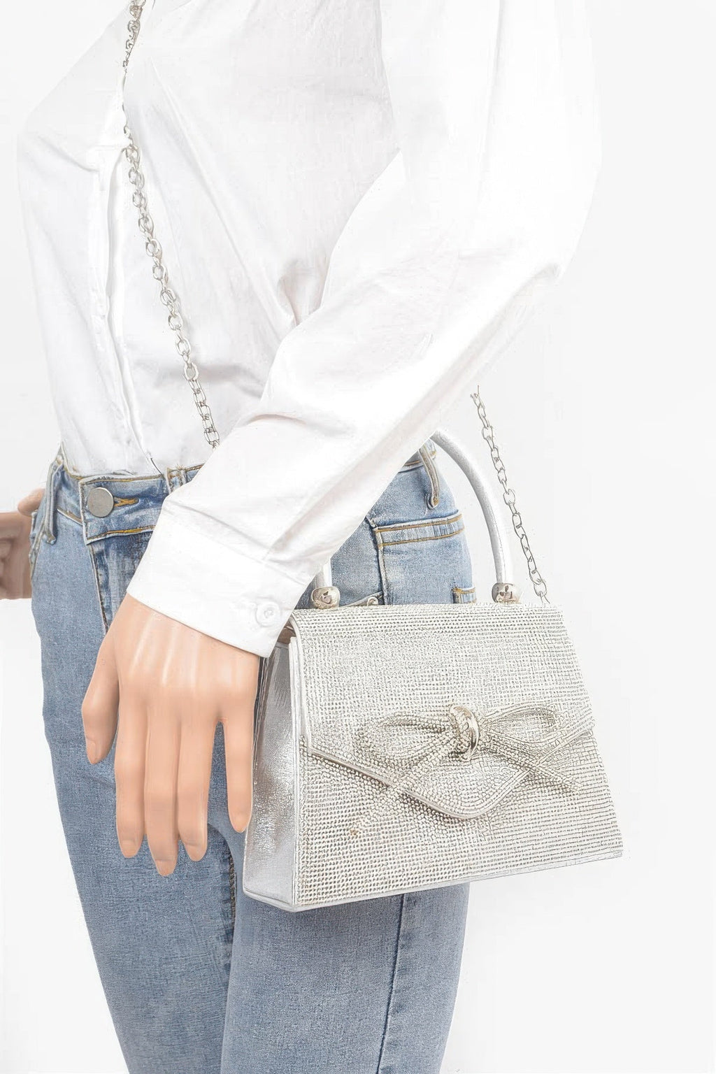 Rhinestone Ribbon Top Handle Bag