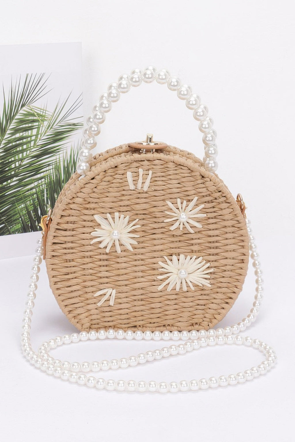 Faux Straw Handmade Clutch W/pearl Handle