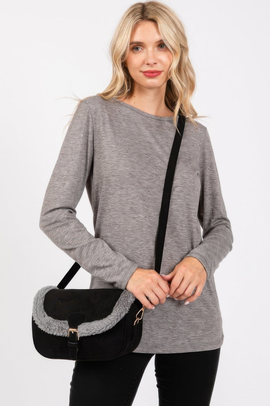 Fleece Trimmed Solid Crossbodybag Adjustable Strap