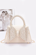 Rhinestone Ribbon Top Handle Satin Flap Bag