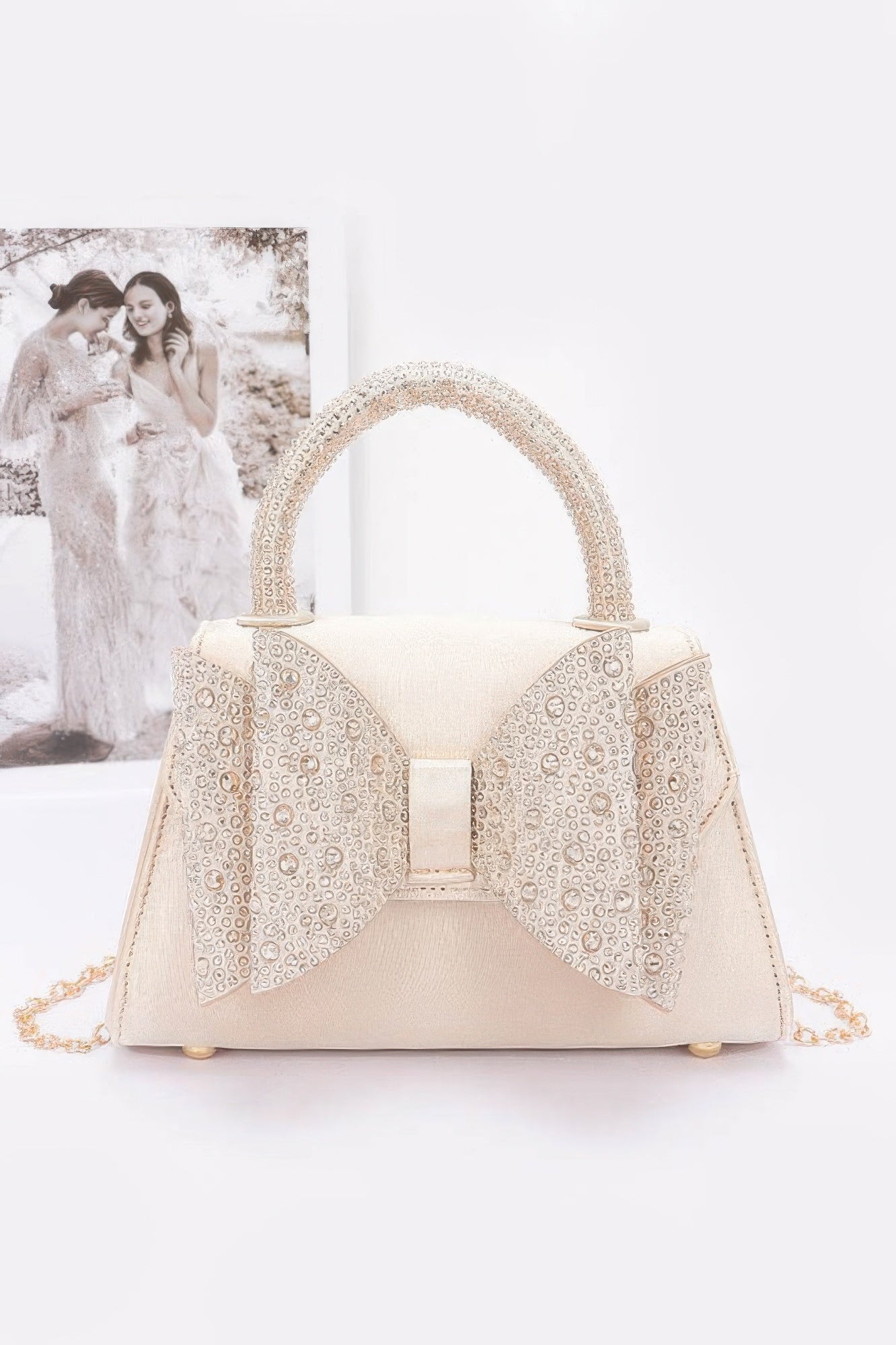Rhinestone Ribbon Top Handle Satin Flap Bag