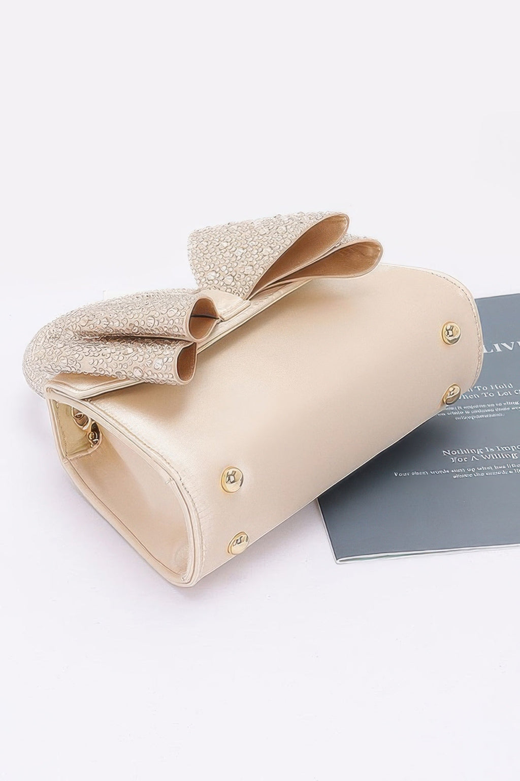 Rhinestone Ribbon Top Handle Satin Flap Bag