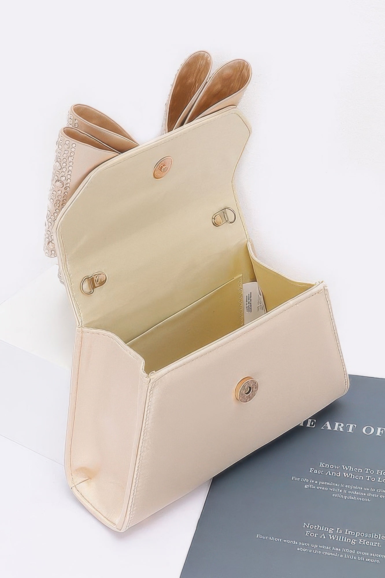 Rhinestone Ribbon Top Handle Satin Flap Bag