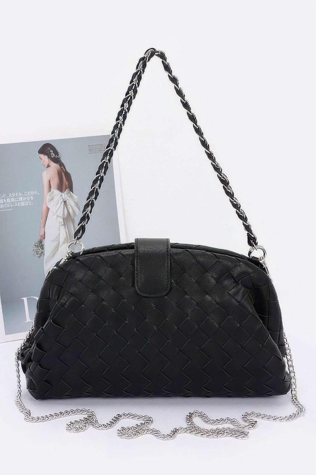 Faux Leather Braided Frame Shoulder Bag