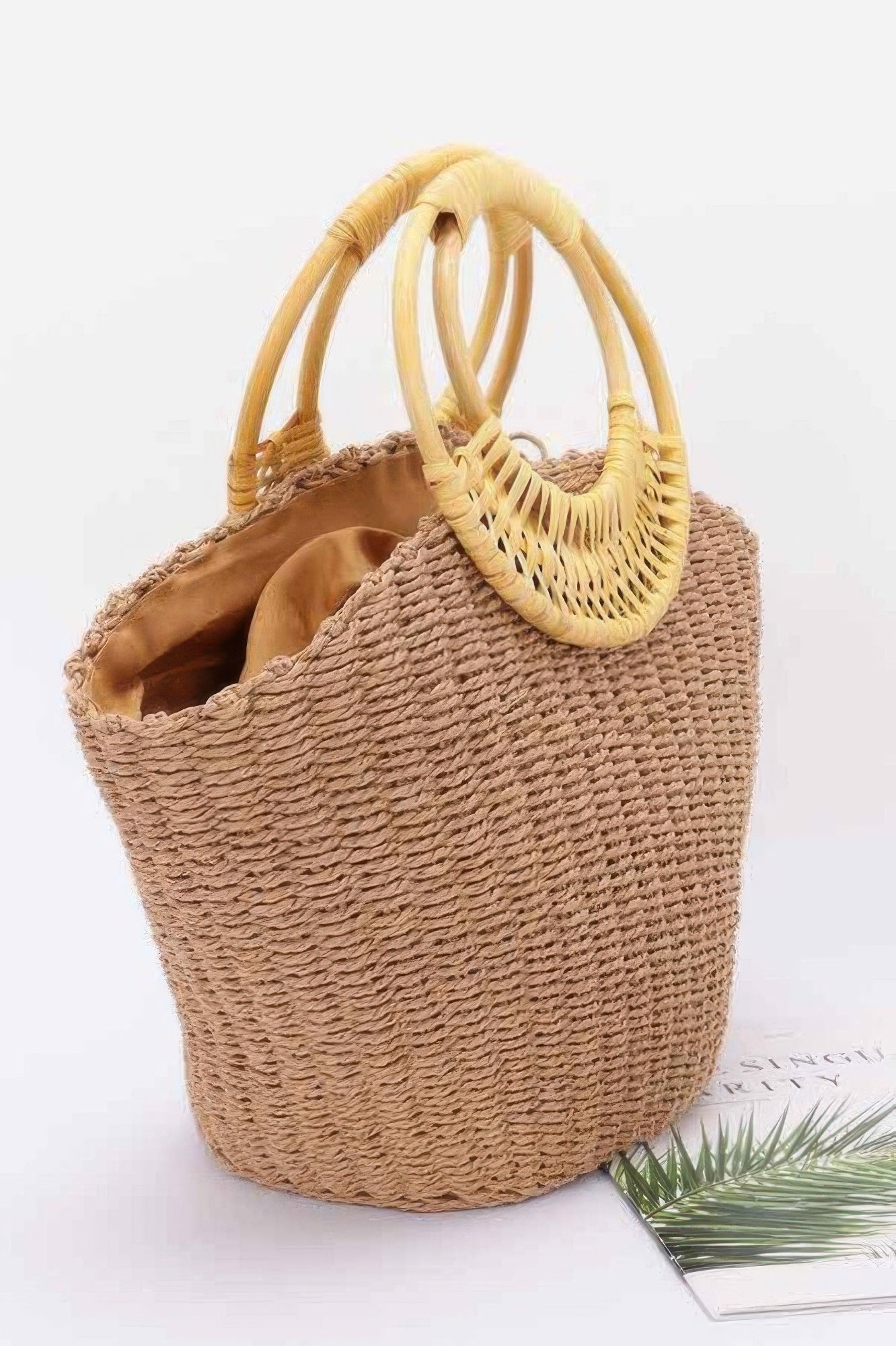 Faux Straw Bamboo Handle Tote Bag