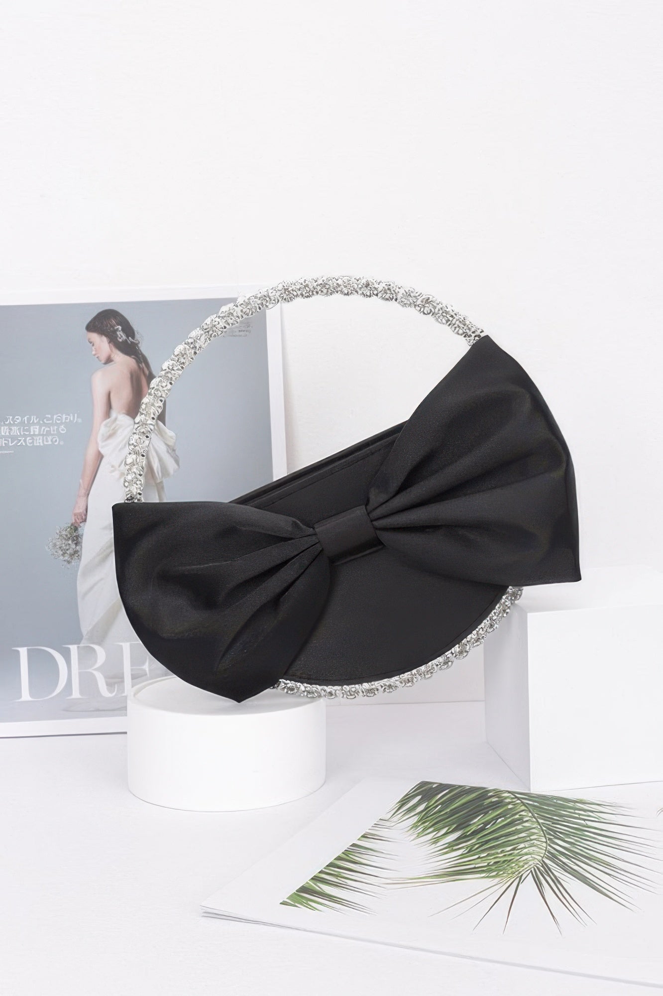 Satin Ribbon Round Rhinestone Metal Clutch