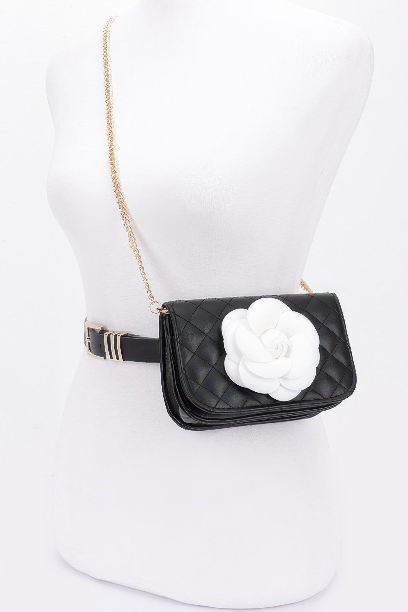 Faux Leather Quilted Flower Beltbag Shoulder Chain