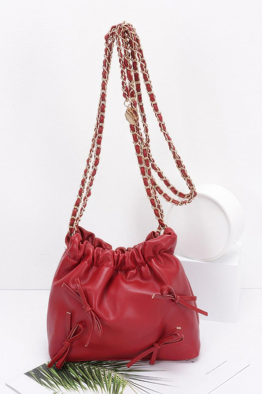 Faux Leather Multi Ribbon Bucket Chaincrossbodybag