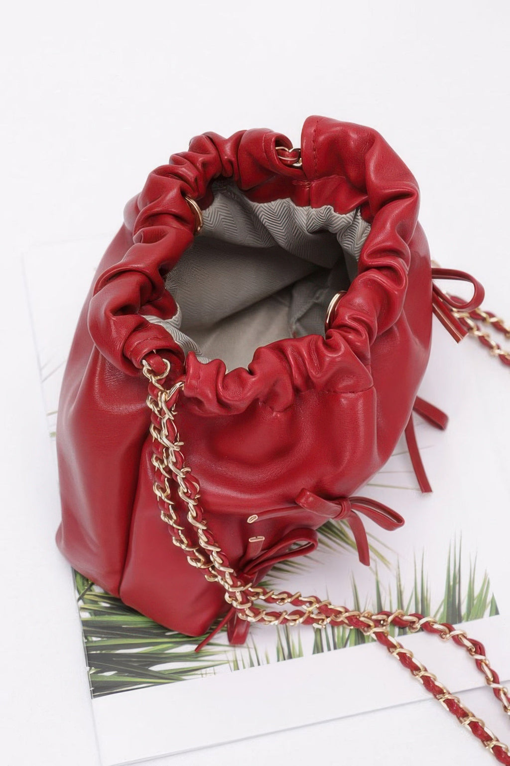 Faux Leather Multi Ribbon Bucket Chaincrossbodybag