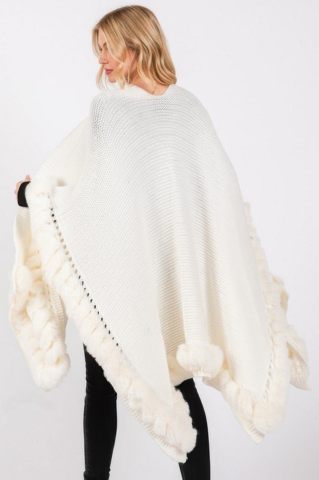 Faux Fur Trim Cape With Closure