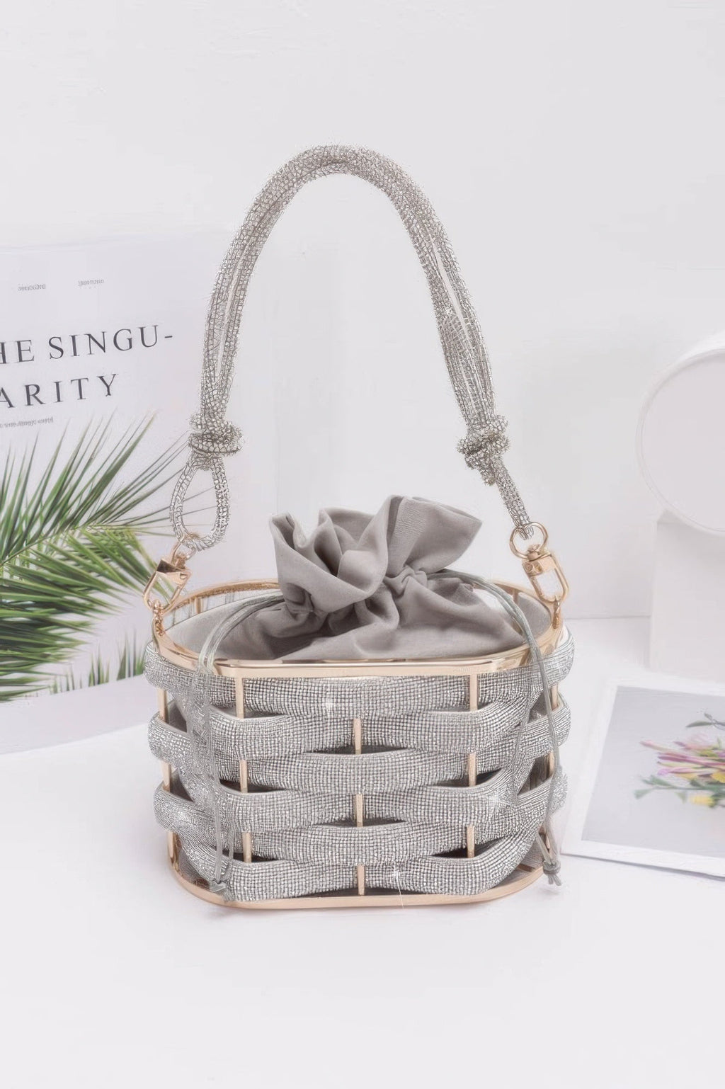 Rhinestone Braided Metal Bucket Bag