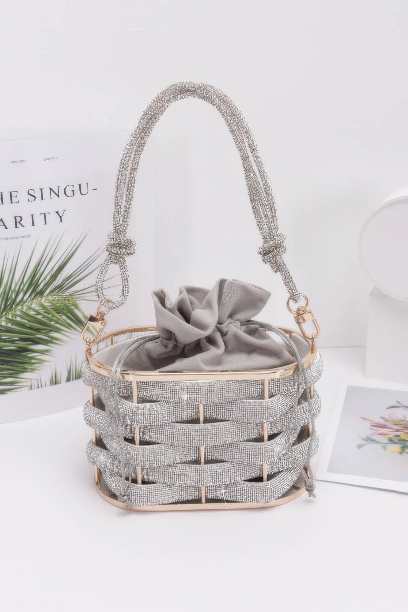 Rhinestone Braided Metal Bucket Bag
