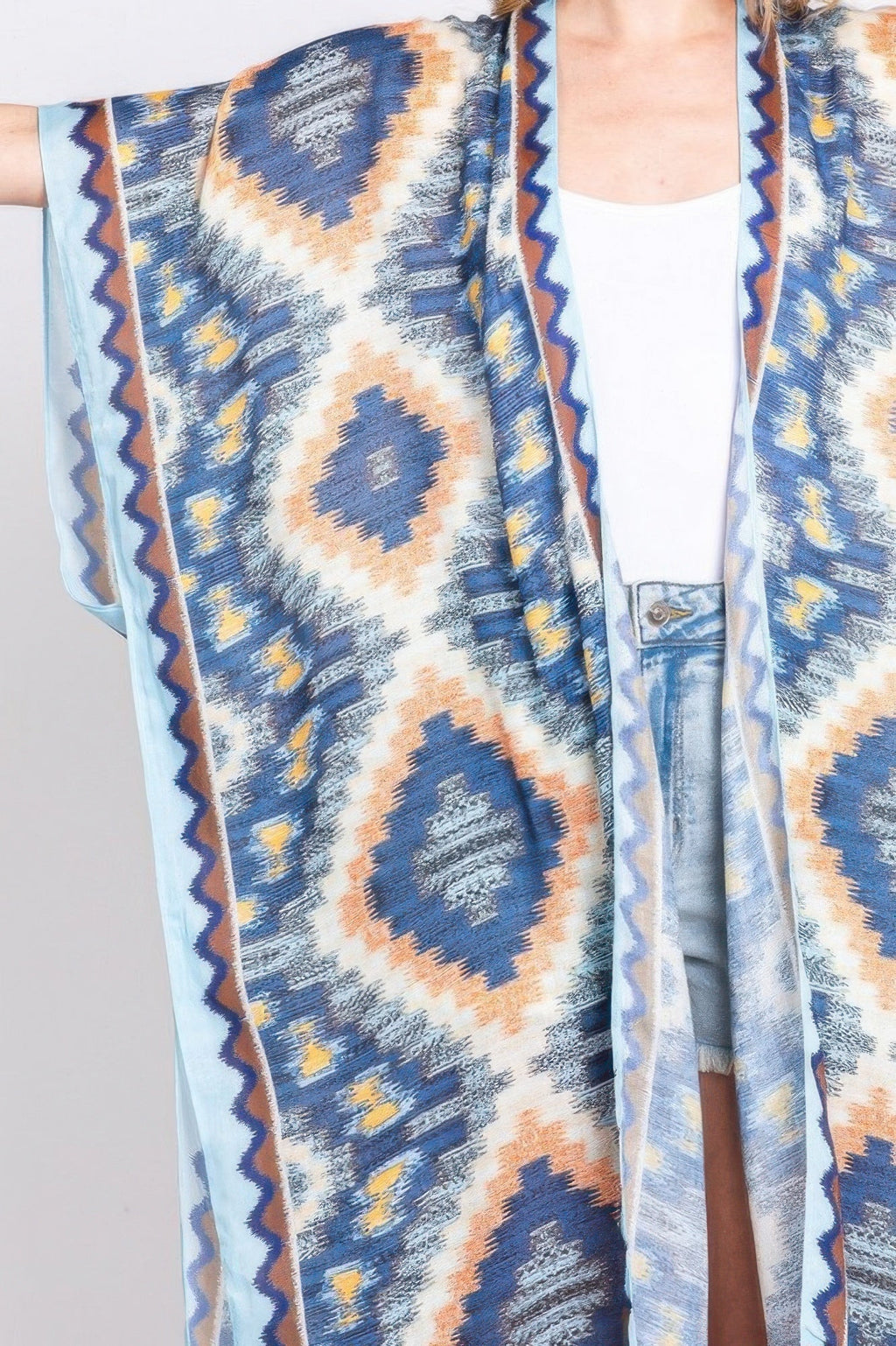 Aztec Print Open Front Long Kimono