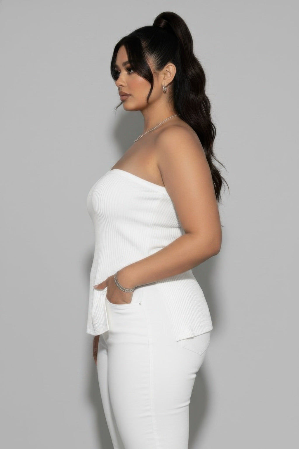 Plus Strapless Ribbed Side-slit Flare Top