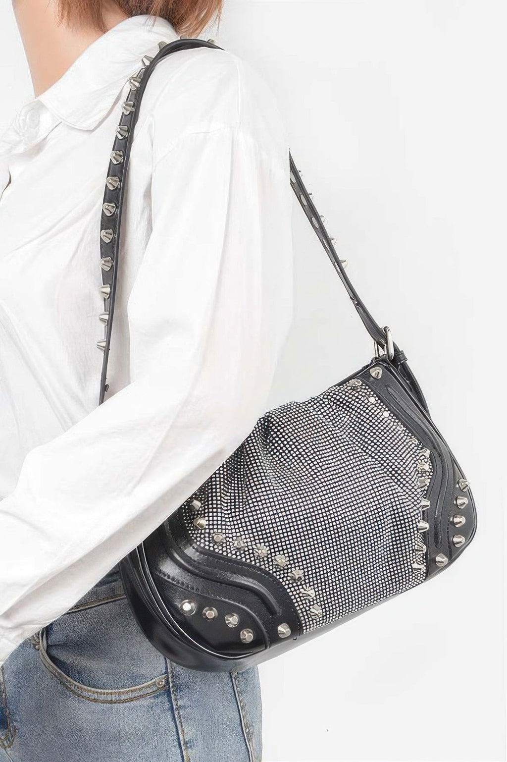 Hot Fix Stones Metal Stud Shoulder Bag