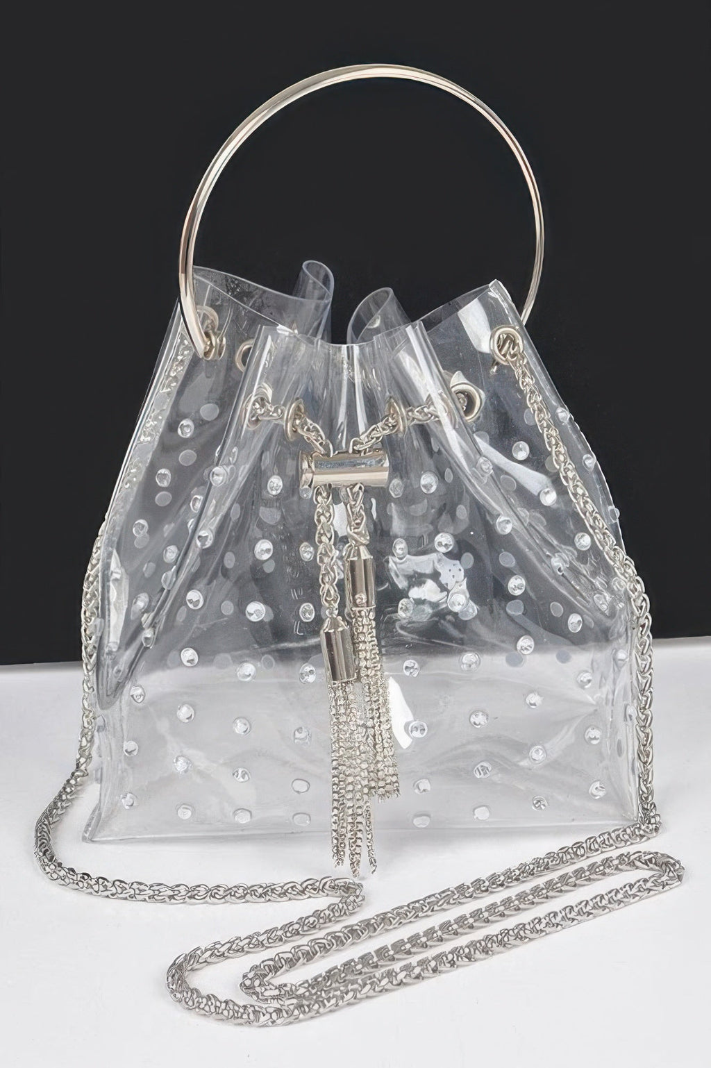 Faux Pearl Studded Bucket Bag W/metal Handle