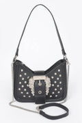 Faux Leather Studded Metal Buckle Shoulder Bag