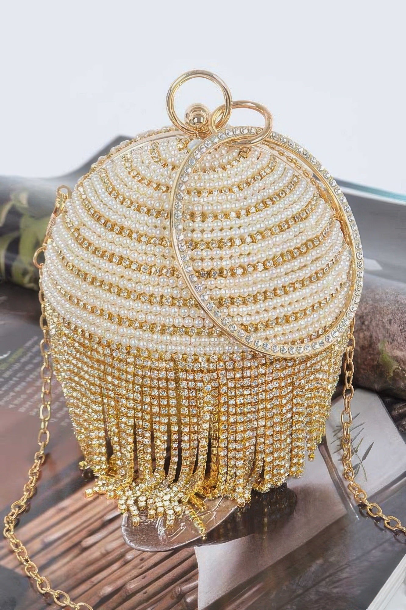 Round Rhinestone Fringe Bag W Faux Pearl