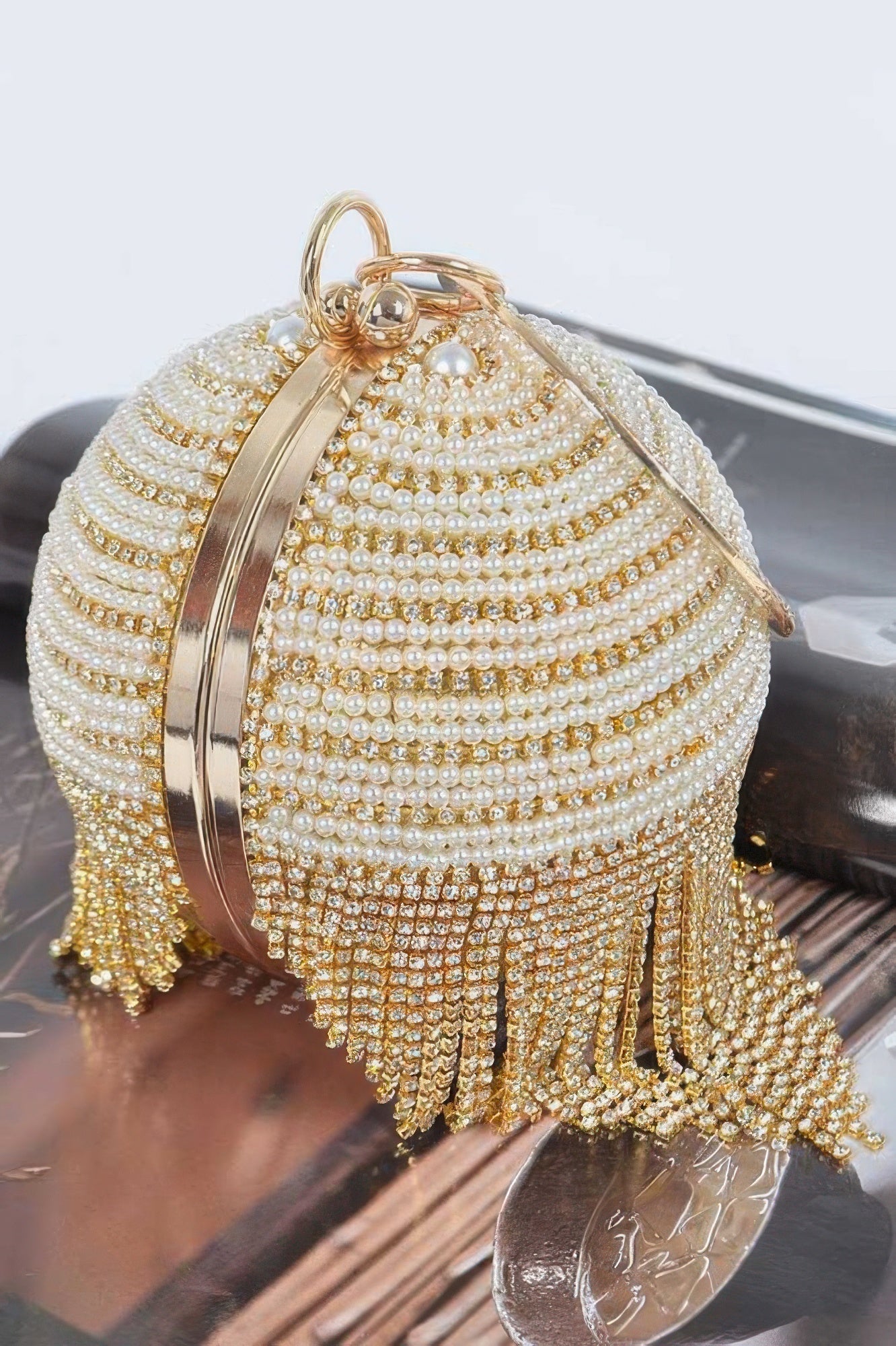 Round Rhinestone Fringe Bag W Faux Pearl