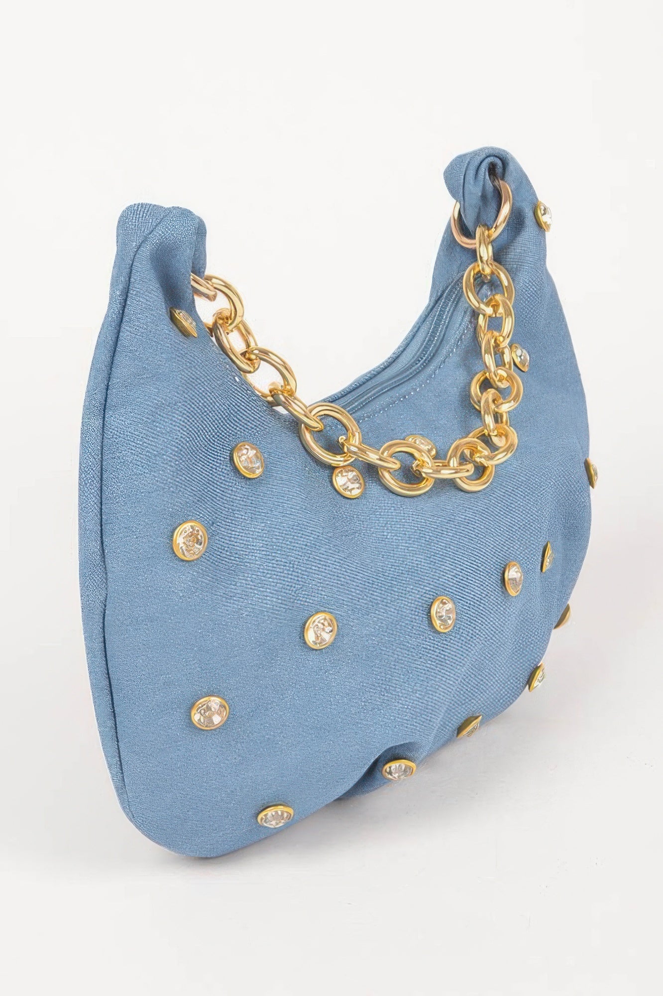 Denim Stone Stud Chain Handle Bag