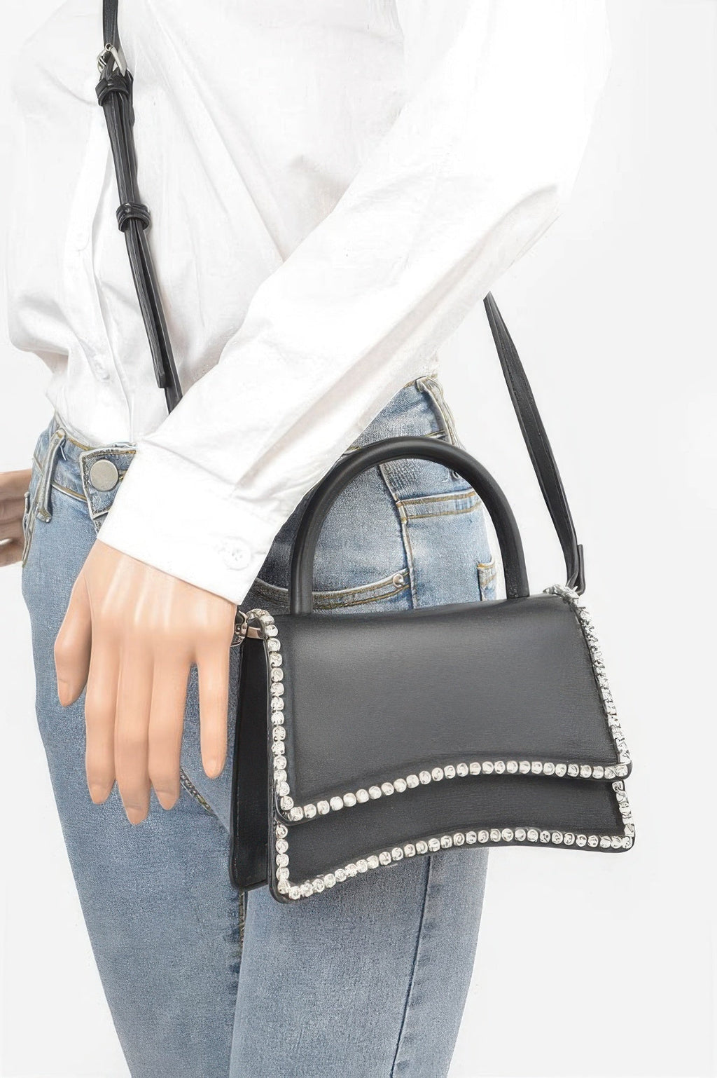 Faux Leather Top Handle Flap Bag W/rhinestone