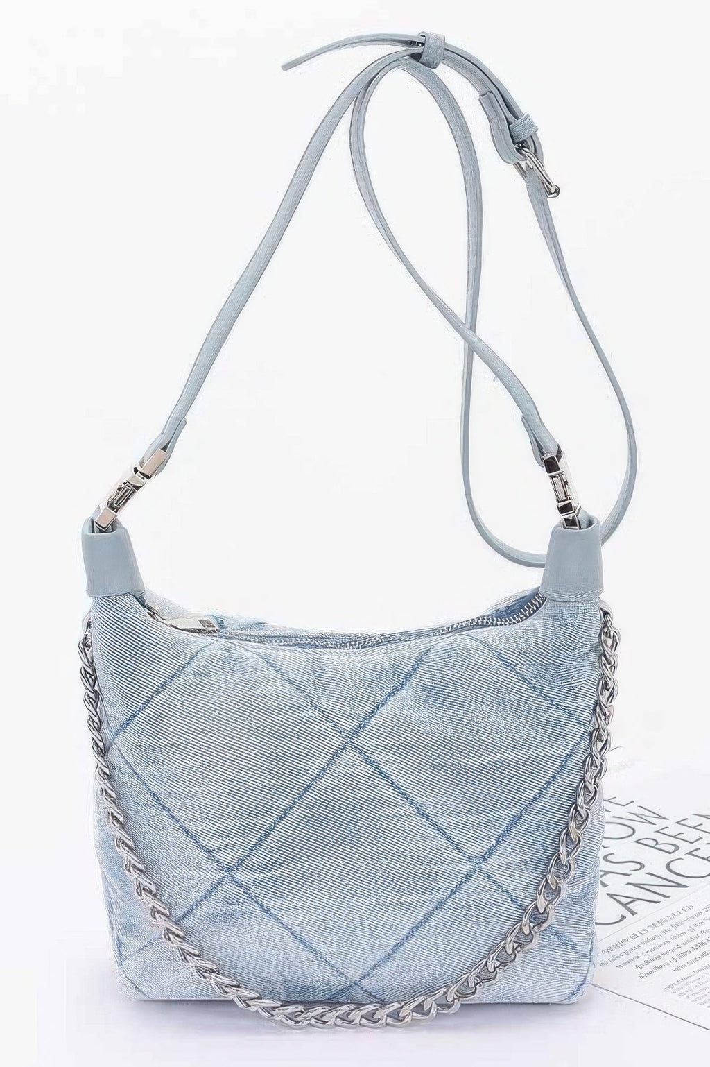 Quilted Washed Denim Shoulder Chain Crossbody Bag