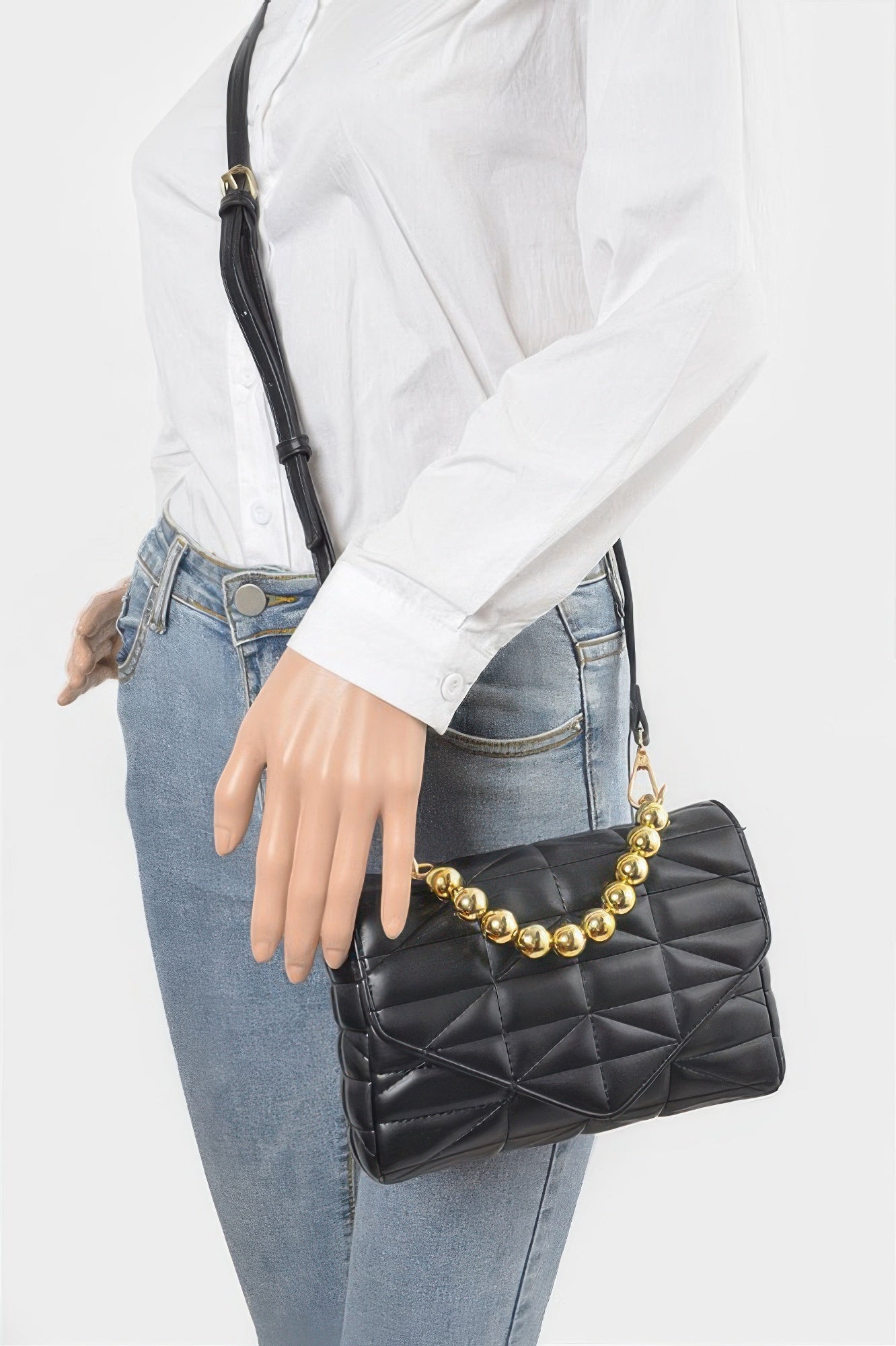 Quilted Faux Leather Flap Ball Chain Bag
