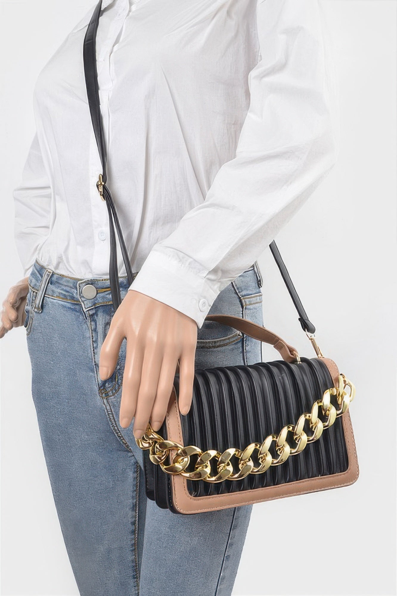Pleated Faux Leather Color Chain Bag