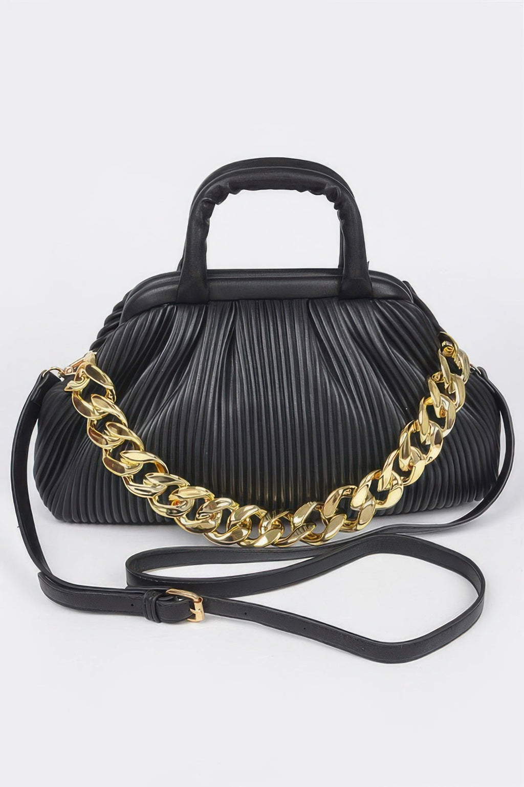 Pleated Faux Leather Top Handle Bag