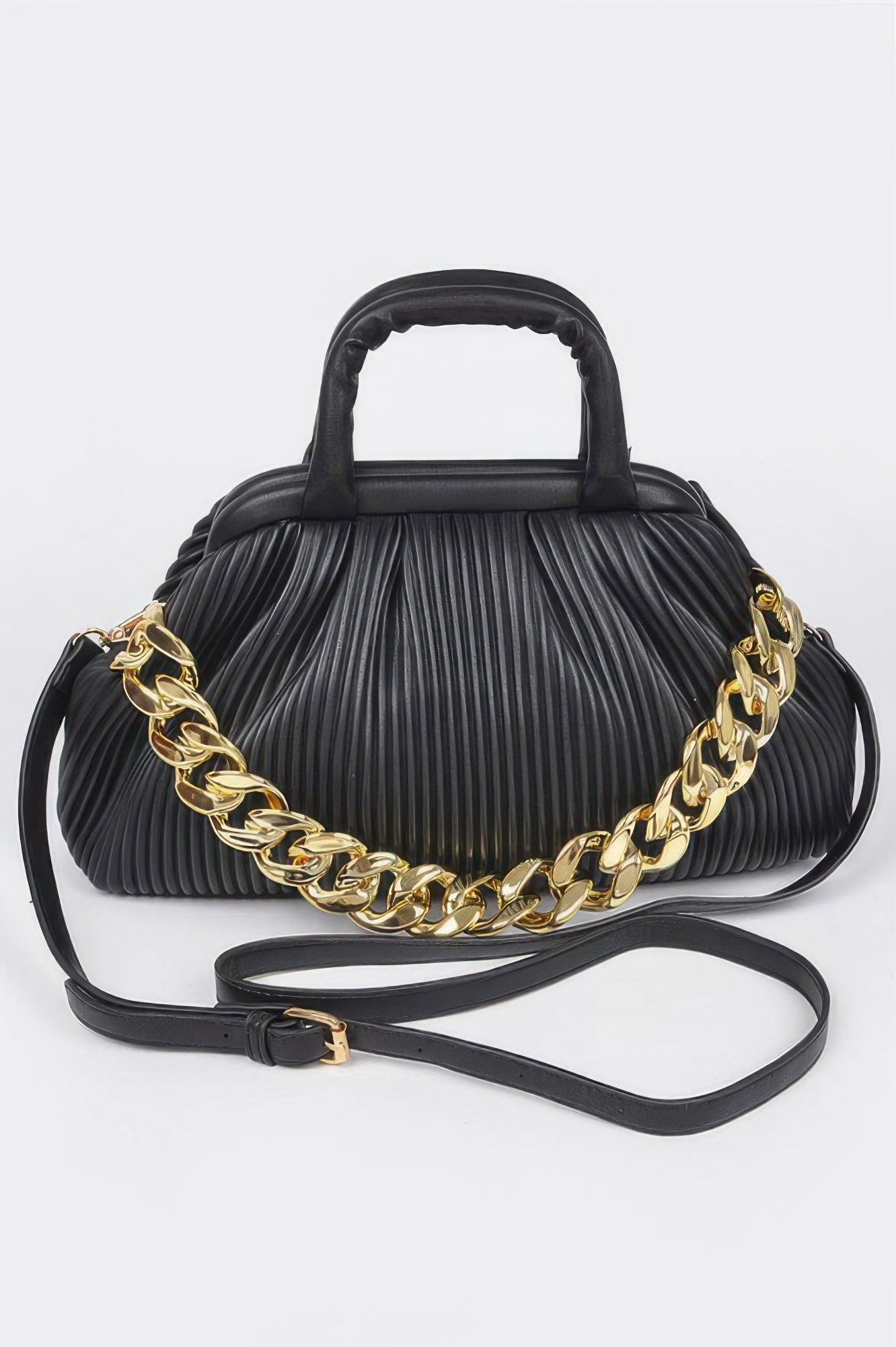 Pleated Faux Leather Top Handle Bag